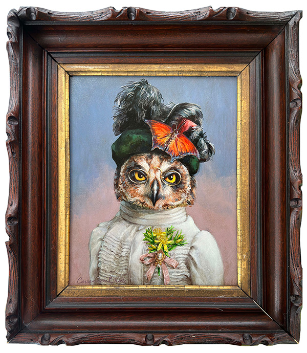 Miss Short-Eared Owl Acrylic and oil on ascot cotton mounted on ACM panel (8in. X 10in.) in a restored antique frame (12.5in. x 14.5in.) Featuring the short-eared owl, bog St. John's wort and goatweed leafwing.