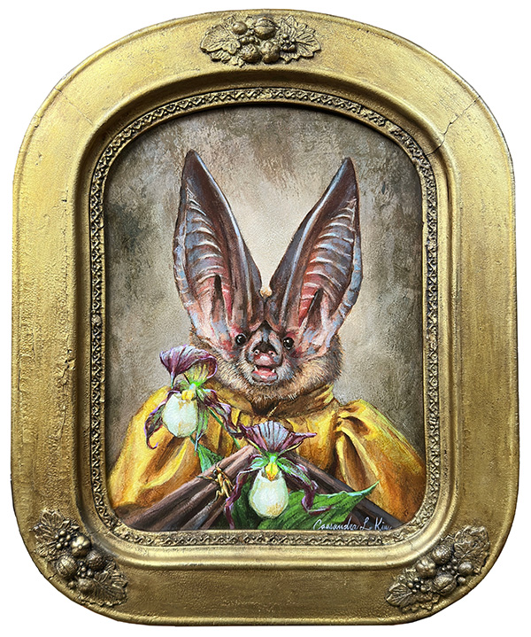 Miss Virginia Big-Eared Bat Acrylic and oil on ACM panel (9in. X 12in.) in a restored antique frame (14in. X 16in.) Featuring the Virginia big-eared bat, Kentucky lady's slipper and Bethany beach firefly. 
