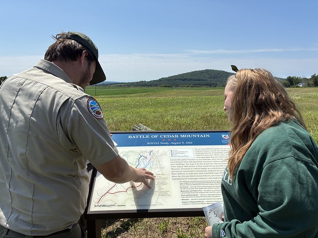 State Park interpreter with a guest at Culpeper Battlefields State Park