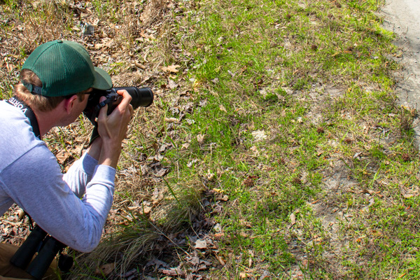 Photo of person in green cap taking photograph with camera of side of road with sparse grass.